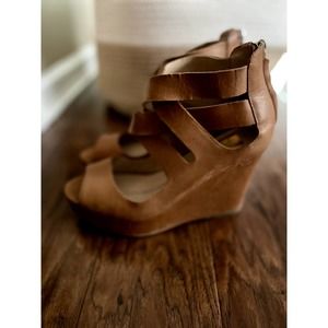 Dolce Vita Cognac Brown Tan Leather Platform Wedge Sandal Size 8